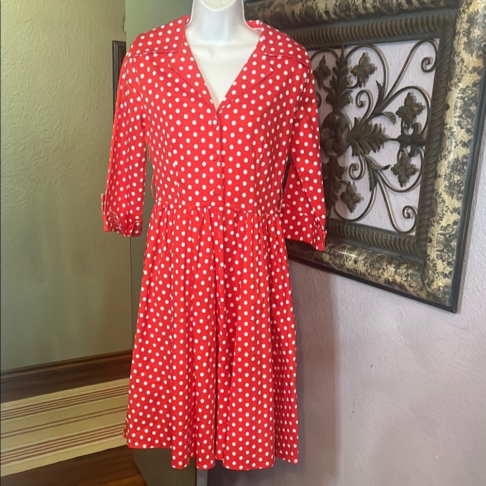 EUC Retro Shirtwaist Dress Red & White Polka Dot V-Neck Cuffed Sleeve Midi Sz S